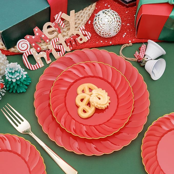 U-QE 100PCS Red Plastic Plates - Heavy Duty Red Plates Disposable for Party with Gold Rim - Include 50PCS 9inch Dinner Plates and 50PCS 6inch Dessert/Salad Plates for Party