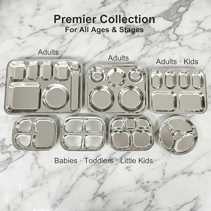 Korean Stainless Steel Divided Plates for Toddlers, Kids, Babies, Premium 304, Electro-Polished, No Black Residue, BPA-Free, 5-Compartment Food Tray, Camping, Picky Eaters, Set of 2