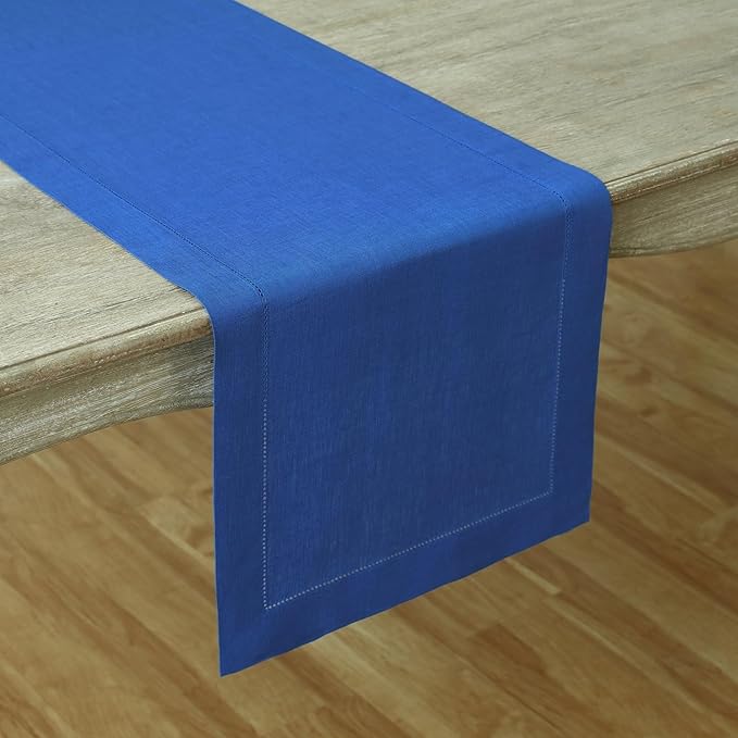 Solino Home Linen Royal Blue Table Runner 132 Inches Long - 100% Pure Linen Extra Long Table Runner 14 x 132 Inch for Spring - Classic Hemstitch