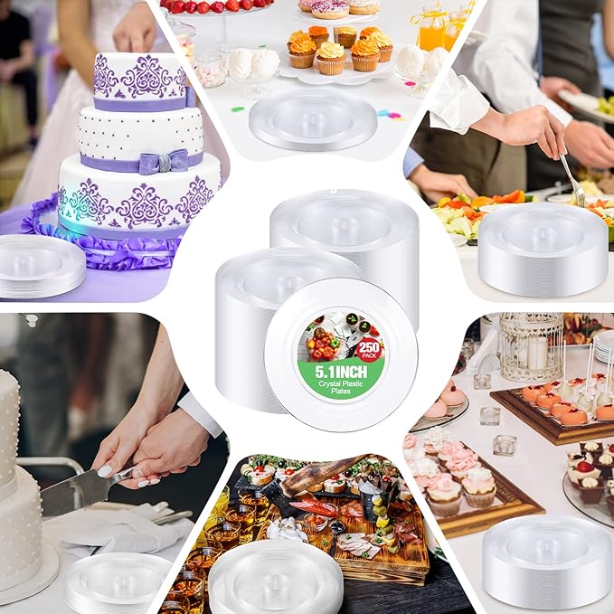 Zopeal 250 Pcs 5 Inch Plastic Dessert Plates Bulk Disposable Small Clear Appetizer Round Wedding Cake Plates Heavy Duty for Dinner Party BBQ Picnic Travel Event Birthday Supply