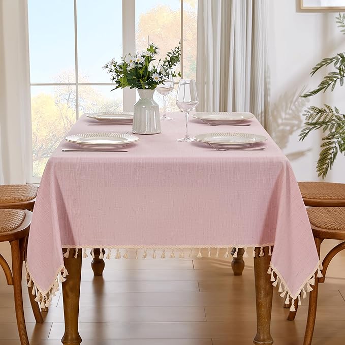JIALE Valentines Textured Tablecloth, Heavy Duty Linen Style Farmhouse Table Cloth Rectangle Tables, Wrinkle-Free Washable Waterproof Table Cover for Kitchen, Dining, Parties, 55"x90", Pink