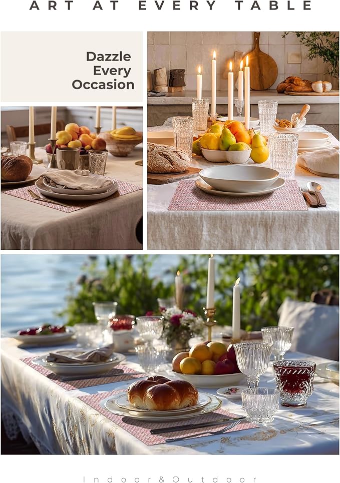 Leetaltree Luxury Pink Iridescent Placemats Set of 12 - Waterproof Washable for Wedding, Anniversary, Festive and Daily Use - Sparkling Table Mats Table Decor - Hand-Cut