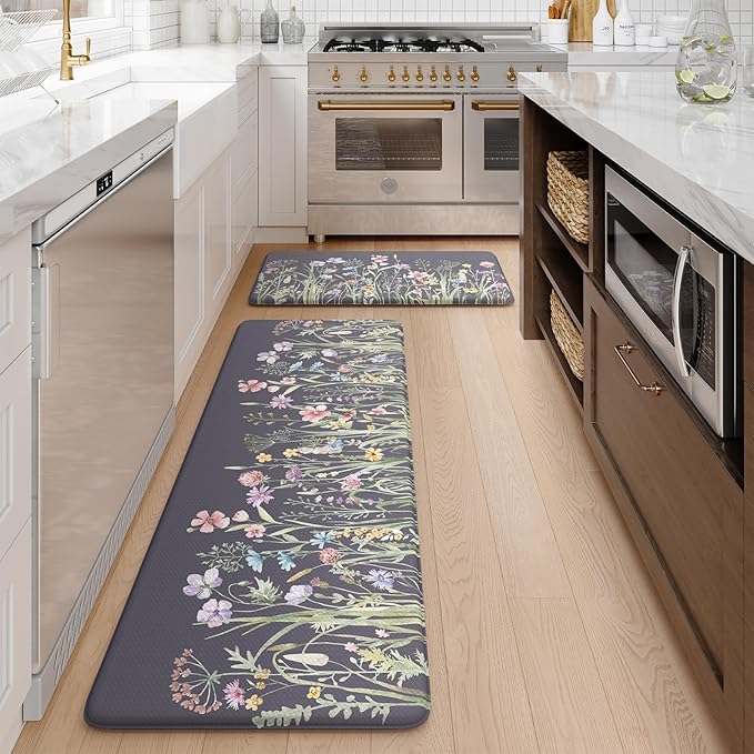 KIMODE Anti Fatigue Kitchen Mat, Farmhouse Floral Kitchen Rugs, Kitchen Floor Mats Non-Slip,Comfort Kitchen Mats for Floor Sink, Laundry, Office, Desk Dark Grey/Purple 17"x47"+17"x29"