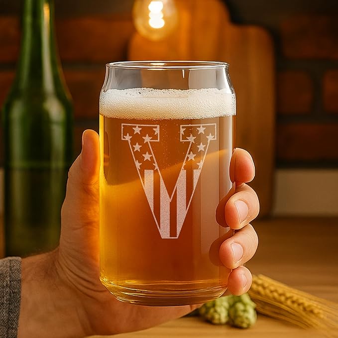 Monogram Beer Glasses for Men (A-Z) 16 oz - Beer Gifts for Men Brother Son Dad Neighbor - Unique Christmas Gifts for Him - Personalized Drinking Gift Beer Glass Mugs - Engraved Beer Can Glass (V)