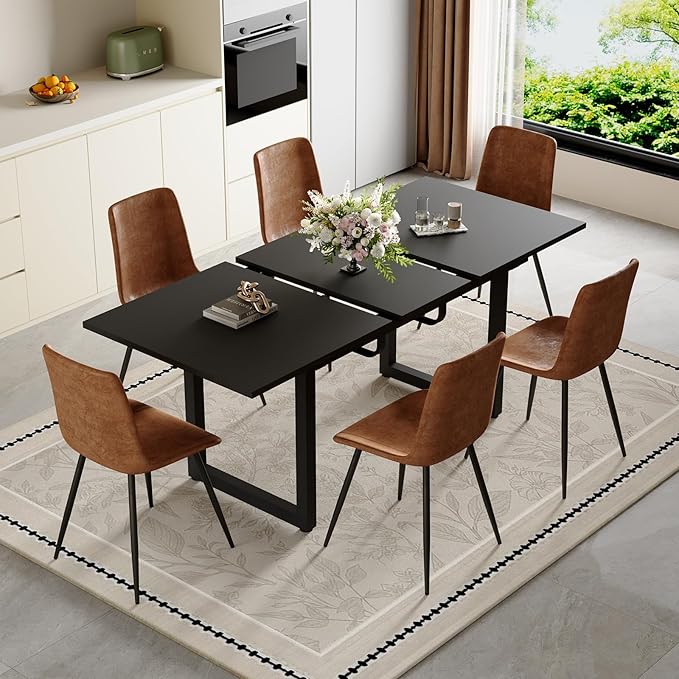Modern Dining Table Set for 6, 55"-71" Extendable Dining Room Table Set for 6, Black Kitchen Table with 6 Upholstered Chairs, Space-Saving for Dining Room Apartment, Easy Assembly