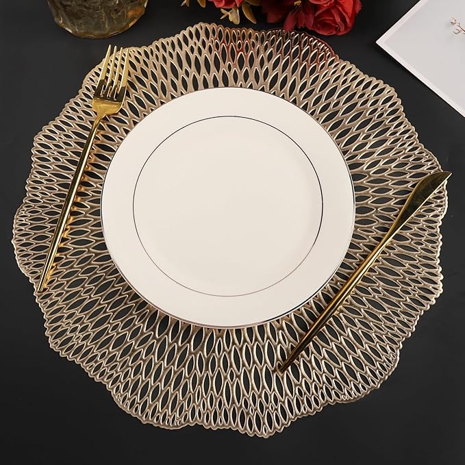 Placemats Set of 6, Round Placemats Gold 15 Inch Washable Vinyl Place Mats Dining Table Mats for Anniversary Wedding Party Kitchen Decorations