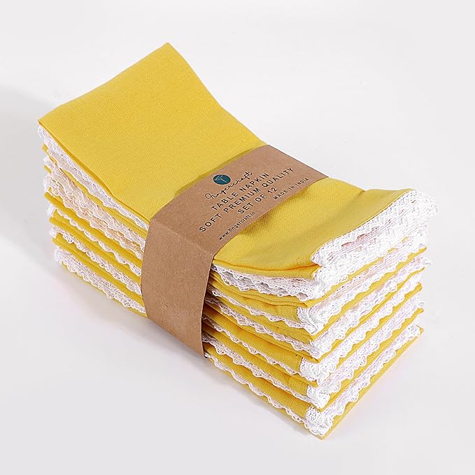 FINGERCRAFT Dinner Cloth Napkin Cotton Linen Blend 4 Pack Mitered Corners with Elegant Lace for Everyday Use Napkins are Pre Shrunk and Good Absorbency Lemon