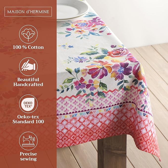 Maison d' Hermine Table Cloth Rectangle Table 100% Cotton 70 x 90 Inches Tablecloth Reusable Decorative for Dining Room Farmhouse Home Valentines Day Decorations Spring Summer - Rose Garden