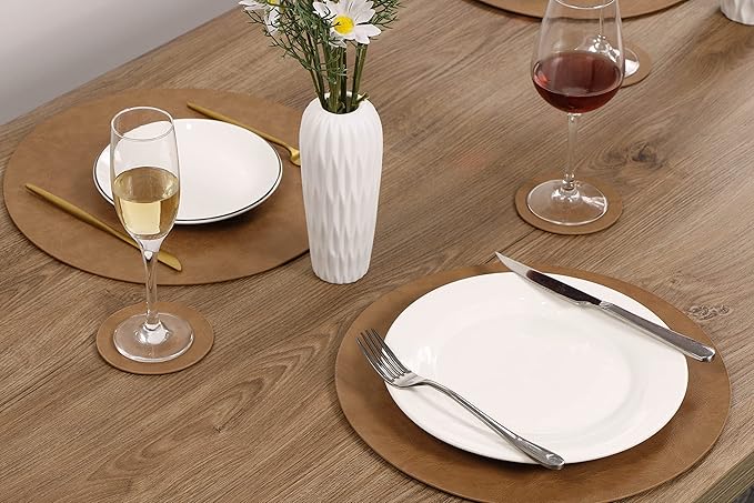 Jovono PU Leather Placemats, Waterproof Coffee Coasters, Kitchen Table Mats, Easy to Wipe Off for Dining Round Table, Diameter 13'' and 3.9'', Flaxen