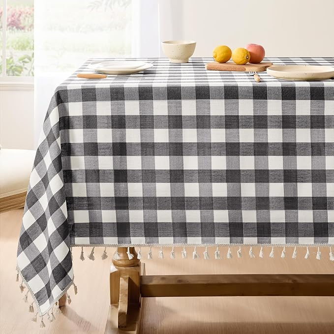 Softalker Checkered Tablecloth Rectangle, Outdoor Linen Cotton Gingham Table Cloth with Tassel, Heavy Duty Wrinkle Free Buffalo Plaid Table Cover for Kitchen Dining Home Party - 55 x 70 Inch, Black