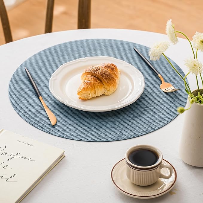 Jovono 15" Faux Leather Big Round Placemats Set of 6 - Washable Heat Resistant Non-Slip Dining Table Mats with Fabric Texture for Kitchen Home Party Decor, Light Blue
