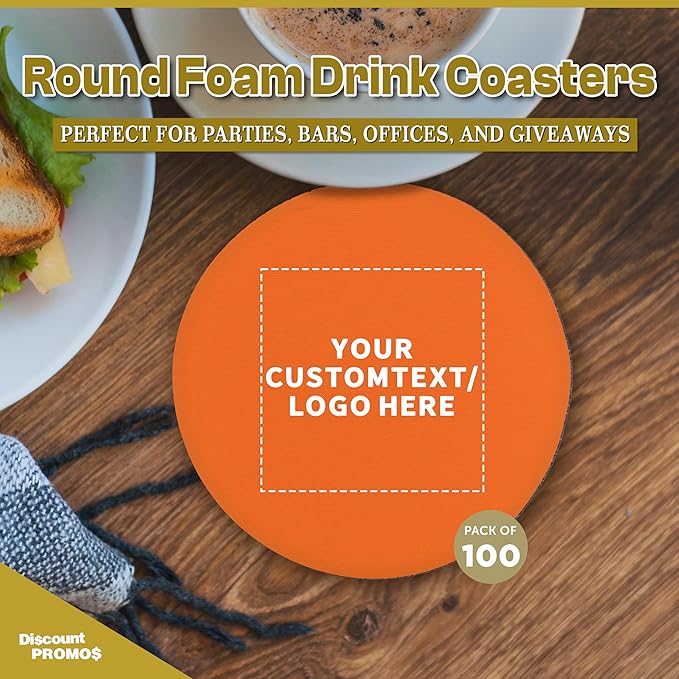 100 Round Foam Bud Coasters Pack, 4 inch - Customizable Text, Logo - PU Foam, Party Favor - Neon Orange