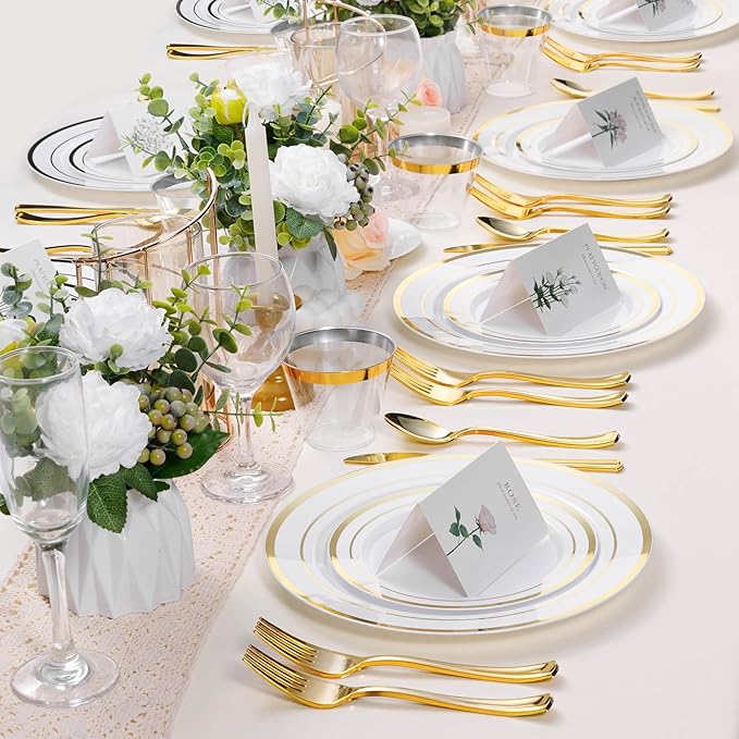 BESTSTAR 100PCS White Plastic Plates for Party, 10.25 Inch Disposable Plates with Gold Rim, Heavy Duty Dinner Plates for Christmas, Party, Wedding and Birthday