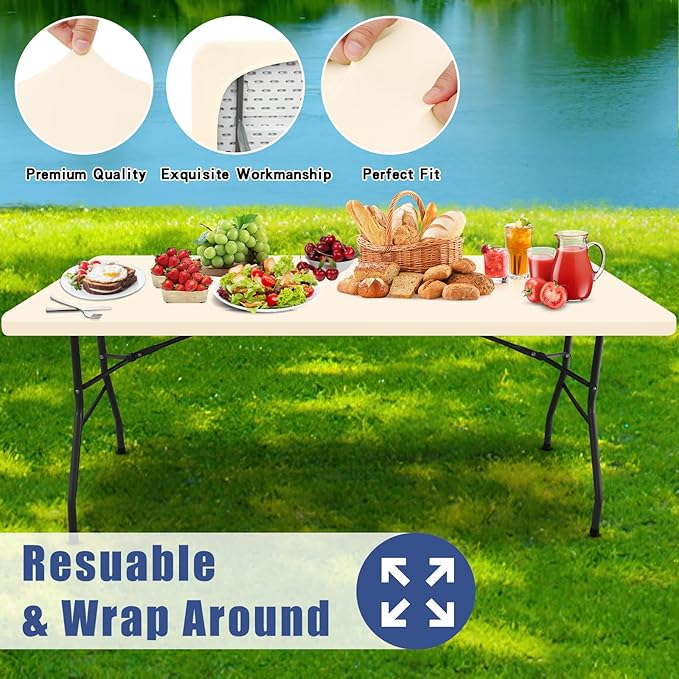 Spandex 6 Foot Rectangle Table Cloth 2 Pack, Elastic Fitted Tablecloths for Picnic, Stretch Washable Patio Table Cover for Outdoor, Camping, Banquet and Parties (Champagne, 30"x72")