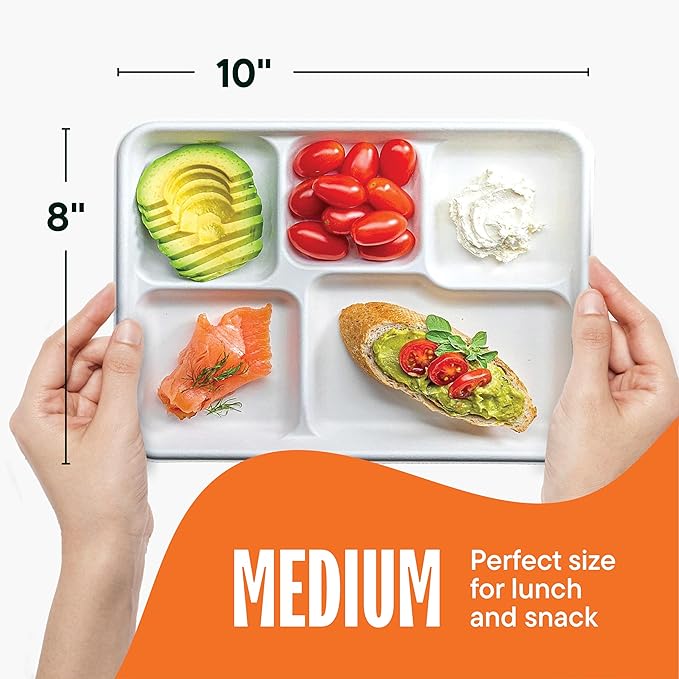 100% Compostable Paper Plate 125-Pack 5-Compartment Bagasse School Lunch Tray, Heavy Duty Quality Disposable Tray, Eco-Friendly Made of Sugar Cane Fibers