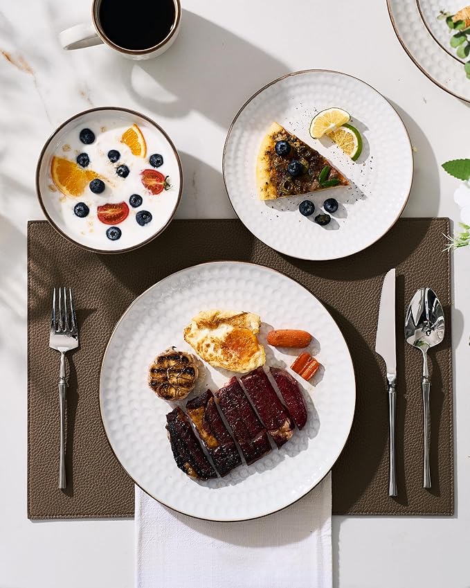 Famiware Eden Plates and Bowls Sets, Stoneware Dinnerware Sets with Gold Trim, 18 Pieces Dishes Set for 6 - Chip and Scratch Resistant, Microwave and Dishwasher Safe, White Circle