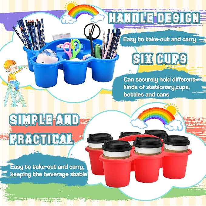 Haundry 6 Pack Classroom Caddy Storage Basket with Handle, Plastic Drink Cup Caddy Holder, 6 Compartments for Kids, Table, Office, Arts, Crafts, Crayon, Marker, Pencil, School Supplies