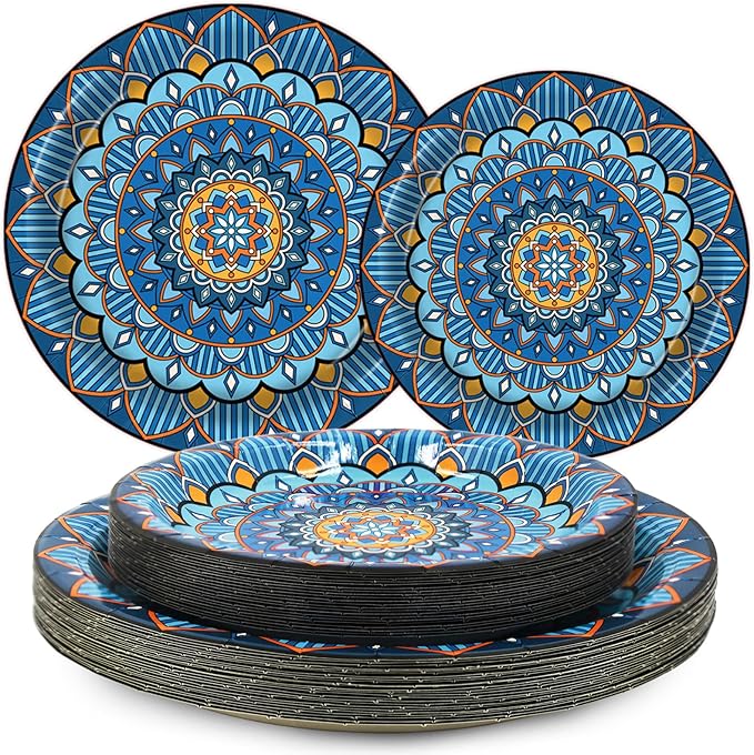 100PCS Boho Paper Plates 7Inch & 9Inch, Vintage Bohemian Disposable Dinnerware Plates for Birthday Gatherings Holiday Favor Baby Shower Party Supplies,50 Guests(Blue)