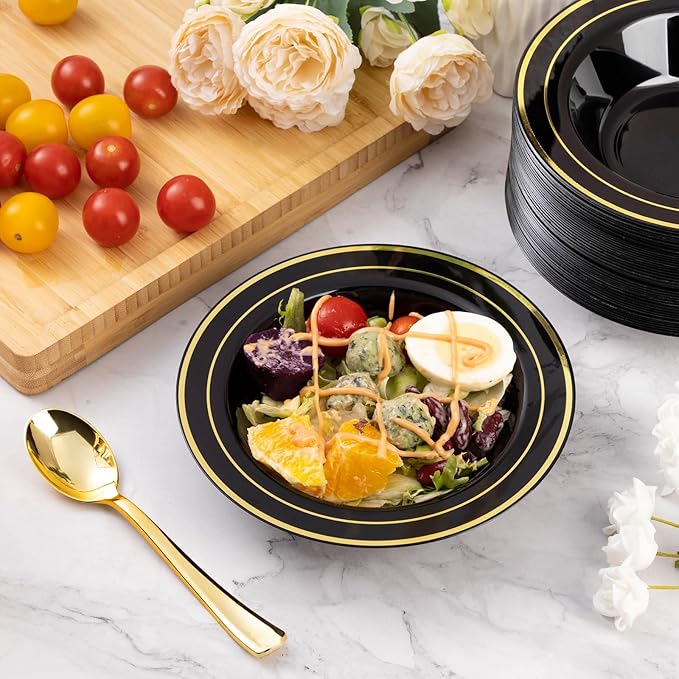 Goodluck 100 Pack Black Plastic Bowls with Gold Rim, 12oz Disposable Soup Bowls, Heavy Duty Dessert Bowls for Weddings, Parties, Dinners, Catering, and New Year