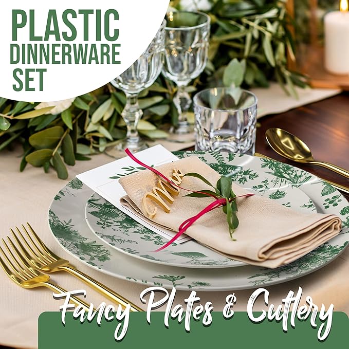 Trendables Fancy Plastic Dinnerware Sets 100 Pc Set 20 Guests Gold Silverware Disposable 20 X 10 Inch Charger Plates 20 X 8 Inch Dessert Plates 20 x Gold Plastic Forks and Spoons Knives In Verdure