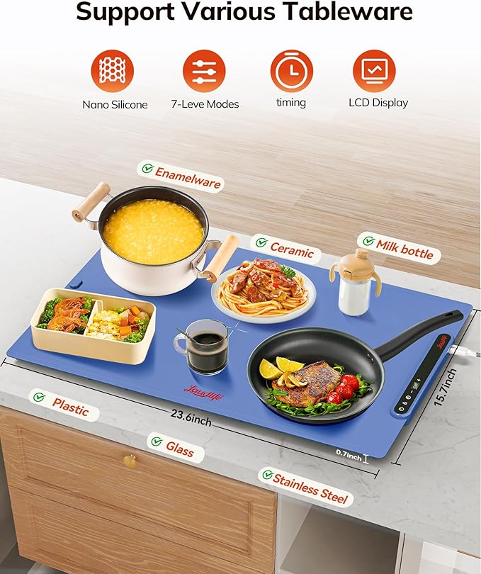 Electric Warming Mat for Food, Roll-Up Silicone Heating Pad with 7 Adjustable Tempmaster Levels, Foldable Warming Tray for Countertop,Buffet Party, Kitchen & Home, Child Lock, Dark Bule