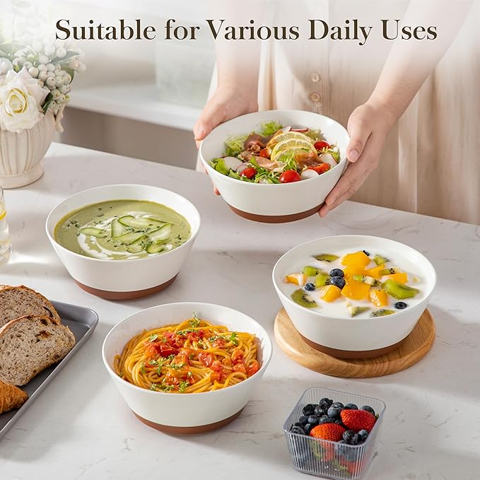 MALACASA Soup Bowls, Ceramic Salad Bowls Set of 4, 35oz Ceramic Bowls for Ramen, Cereal, Fruit and Pho, Microwave & Dishwasher Safe, Speckled Deep Bowls, Vanilla White & Brown