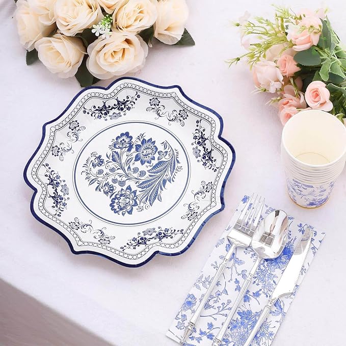 50 Pack 10" Light Blue French Toile Dinner Plates, Disposable Round Paper Party Plates 300 GSM for Festive Table Decoration