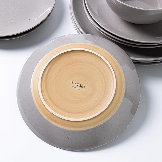Dinnerware Sets for 4, 12 Pieces Stoneware Plates and Bowls Sets, Dishwasher&Microwave Safe,Modern Minimalist Tableware for Everyday Use, Grey
