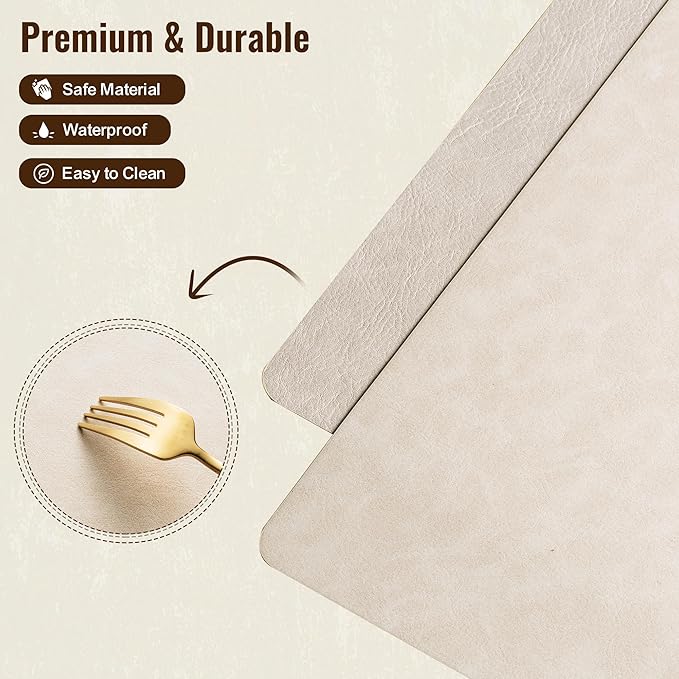 DOLOPL Placemats Set of 6 Reversible Dual-Color Table Placemats – Heat Resistant Wipeable & Washable Place Mats, Luxury Faux Leather Table Mats for Vintage Dining Table Decor (Beige & Light Grey)