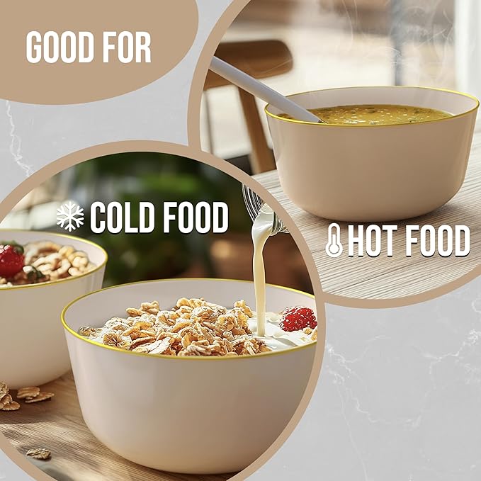 Trendables Disposable Bowls - Ivory Gold Rimmed Fancy Serving Bowls - Perfect for Ice Cream & Candy, Set of 20, 24 oz Each