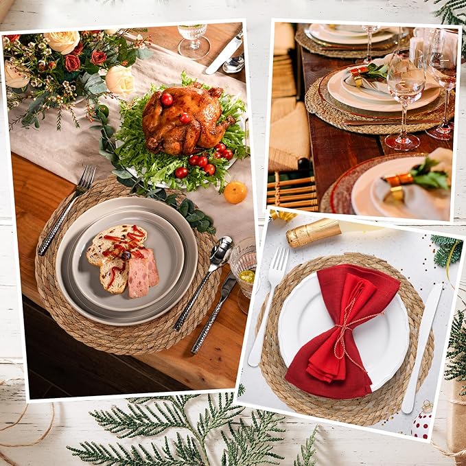 GENMOUS Woven Placemats Set of 12, 12" Round Placemats Natural Water Hyacinth Boho Placemats,Farmhouse Rattan Chargers for Dinner Plates, Rustic Braided Wicker Table Mats for Thanksgiving,Home,Wedding