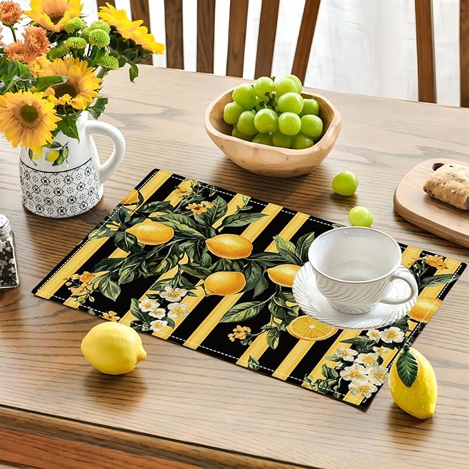 Lemon Placemats Set of 4, Yellow Lemon Place Mats, Fruit Waterproof Washable Table Mats for Home Party Indoor Kitchen Dining Table Decoration 12x18 Inch