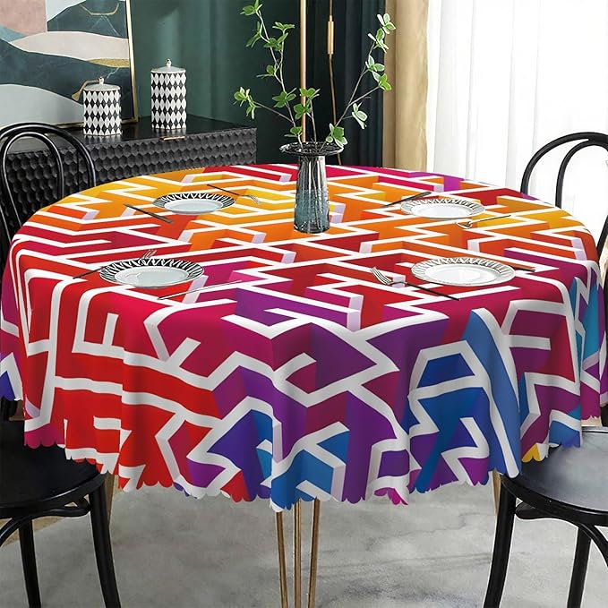 Laeacco 36 Inch Maze Round Tablecloth Colorful Labyrinth Texture Modern Geometric Abstract Art Print Table Cloth Washable Waterproof Wrinkle Free Table Cover for Kitchen Dining Picnic Party Decor