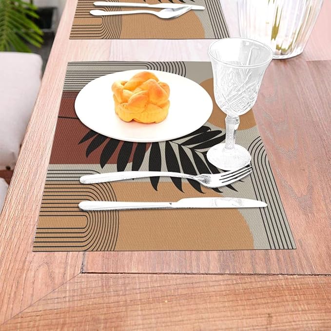 Art Boho Mid Century Placemats, Sun Brown Leaves Rainbow Color Blocks Modern Washable Place Mats 12x18Inch for Dining Kitchen Farmhouse Decor 6 PCS