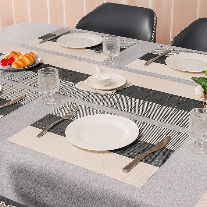 Placemats Set of 4, Vinyl Woven Place Mats Indoor Set of 4 Washable Wipeable PVC Table Mats Heat-Resistant Non Slip Plastic Placemat for Kitchen Dining Outdoor Table (Beige Black, Set of 4)