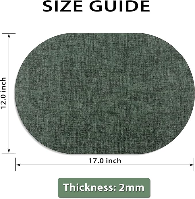 Placemats Set of 6 - Washable Heat Resistant Table Placemats - Wipeable Faux Leather Oval Place Mats, Waterproof Table Mats for Dining Table, Green