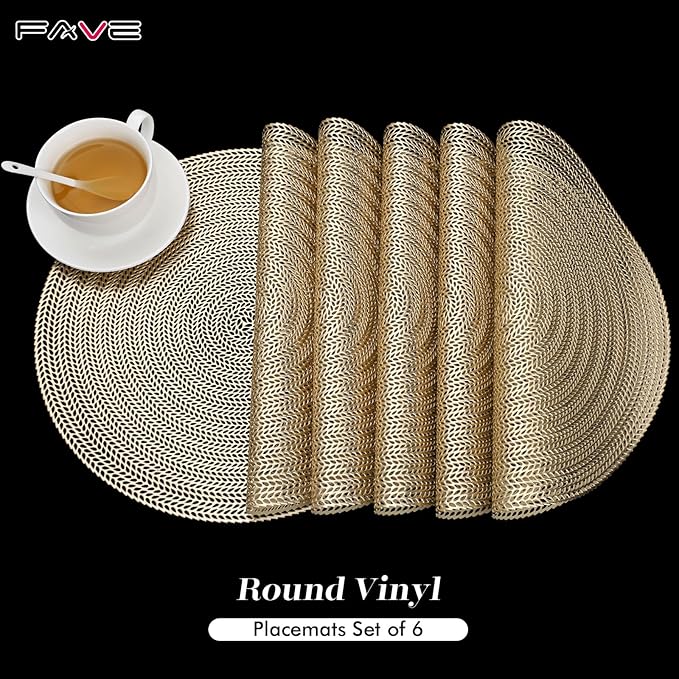 FAVE 12PCS Gold Vinyl Round Placemats, Wheat Sheaf Design 15 Inch Placemats Set of 12 Washable for Dining, Events, Banquet, Home & Daily Use (Gold Wheat,12pcs)