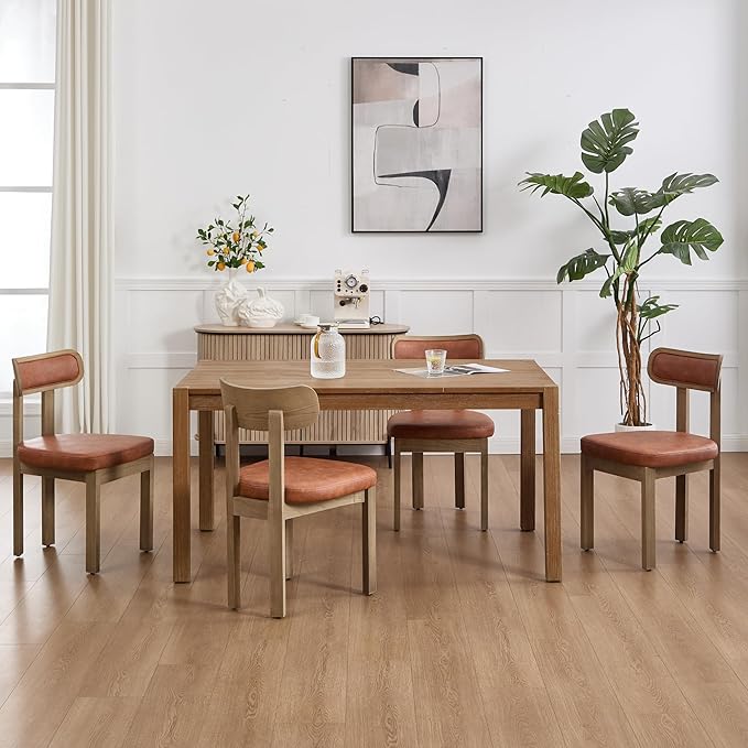 Brown Dining Chairs Set of 4, Mid Century Modern Leather Dining Room Chairs with Curved Back, Armless Kitchen Chairs for Living Room/Restaurant/Balcony/Bedroom/Home Desk/Task