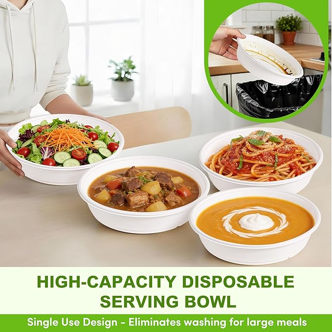 70oz Extra Large Disposable Sugarcane Fiber Paper Bowl, Heavy-Duty Round Serving Bowl for Soups, Pasta & Saucy Dishes, Eco-Friendly Tableware for Restaurants & Catering