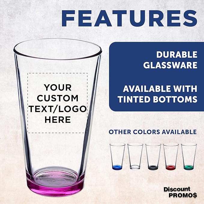 DISCOUNT PROMOS Custom Beer Pint Glasses 16 oz. Set of 10/50/100, Personalized Bulk Pack - Heavy Duty Glassware for Restaurant, Thick Base and Walls, Stackable - Pink