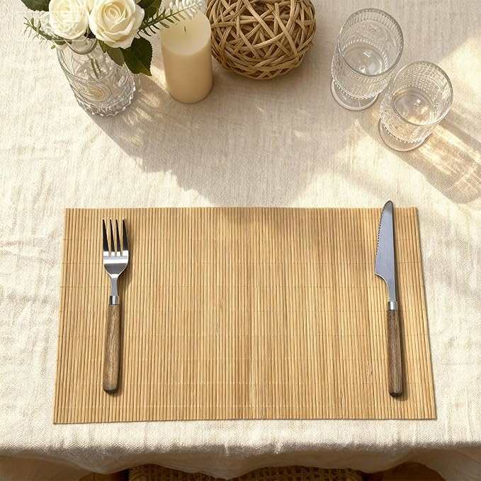 8-Pack Bamboo Placemats,Woven Heat-Resistant Rectangular Table Mats,Natural Dining Place Mats, Rustic Japanese Style Wood Mats for Indoor Dining,Kitchen and Party Use, Coffee