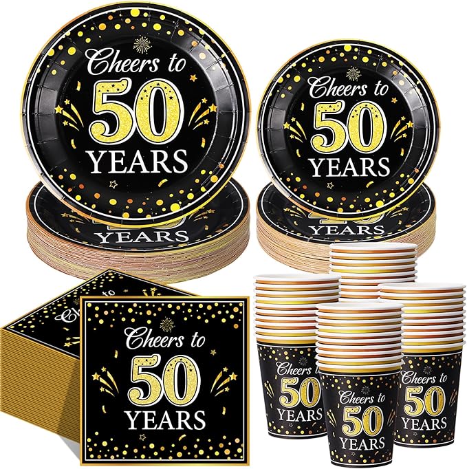 Pickmesh 250 Pcs 50th Birthday Disposable Tableware Set Black and Gold Cheers to 50 Years Disposable Paper Plates Napkins and Cups for 50th Birthday Wedding Anniversary Supplies Decorations
