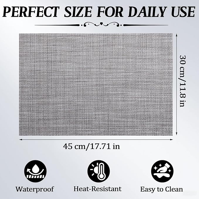 Timeet Placemats Set of 4, Heat Resistant Non-Slip Place Mats, Durable Washable PVC Vinyl Woven Table Mats, Linen Textured Table Placemats for Dining Kitchen Resistant Easy to Clean(Gray)