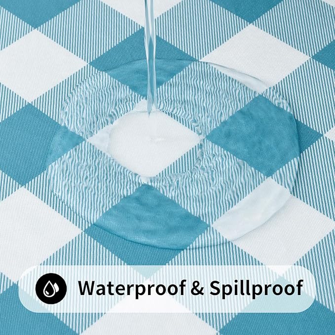 Smiry Rectangle Picnic Table Cloth, Elastic Waterproof Fitted Vinyl Tablecloths, Flannel Backed Buffalo Plaid Table Covers for Dining, Camping, Outdoor (White and Aqua, 30" x 96")