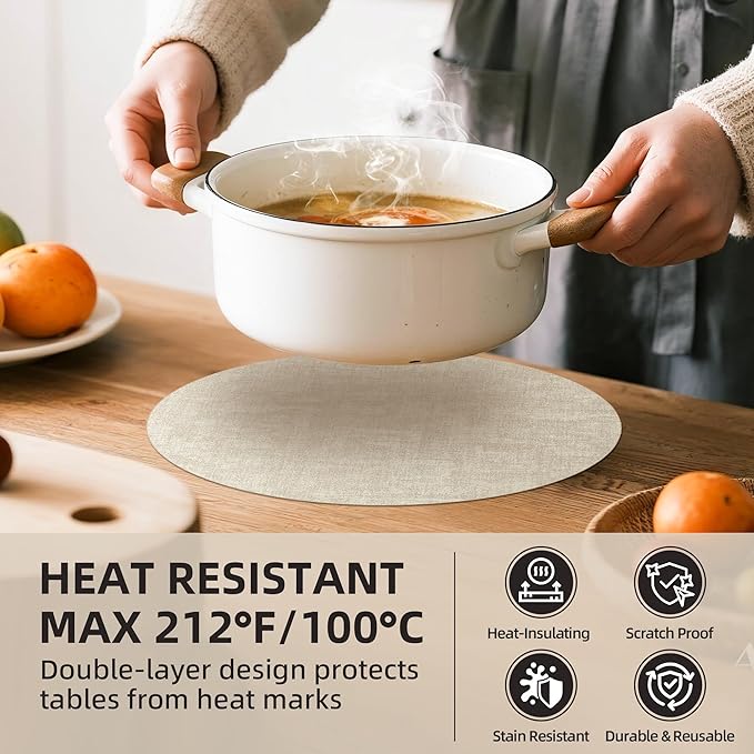 15 inch Faux Leather Round Placemats Set of 4 Non-Slip Washable Wipeable Table Mats, Heat Resistant Waterproof Oilproof Place Mats for Kitchen, Dining, Party, Indoor, Outdoor Beige