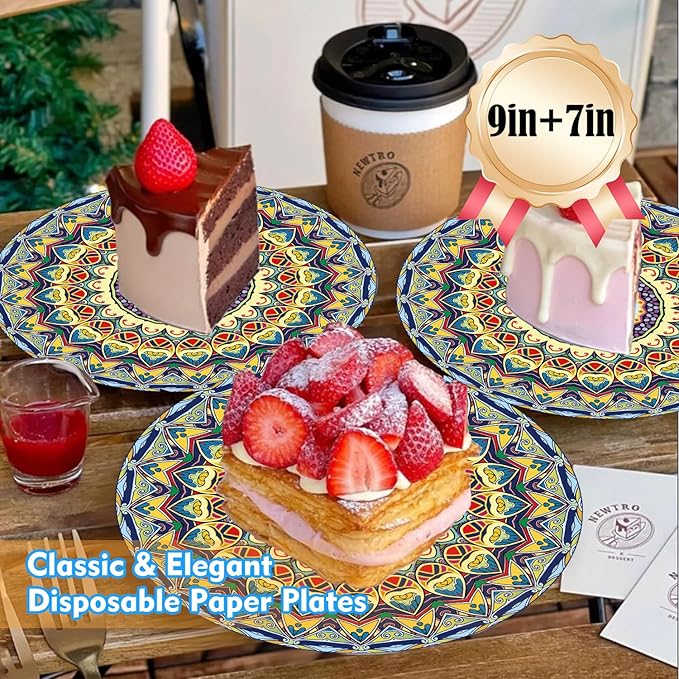 ZULYSTO 100PCS Boho Paper Plates (50×7 Inch & 50×9 Inch) – Disposable Plates, Vintage Bohemian Style Dessert Dinner Plates, Plate Set for Party Kitchen Decorative Birthday Wedding