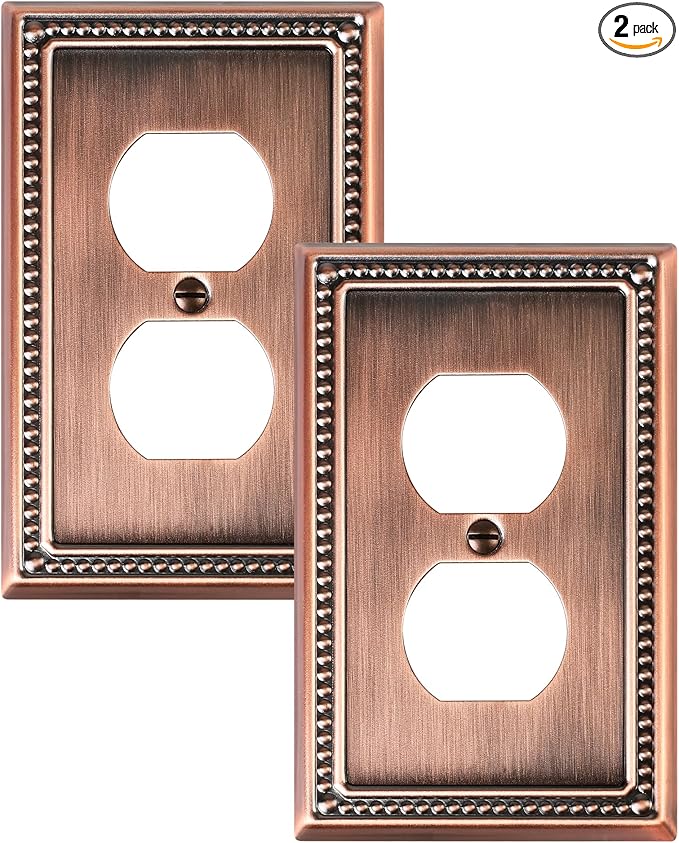 2-Pack Duplex Outlet Cover Plate, Antique Copper Metal Wall Plates for Electrical Outlets, 1 Gang Receptacle Cover, Pearls Decorative Switch Plates and Outlet Covers