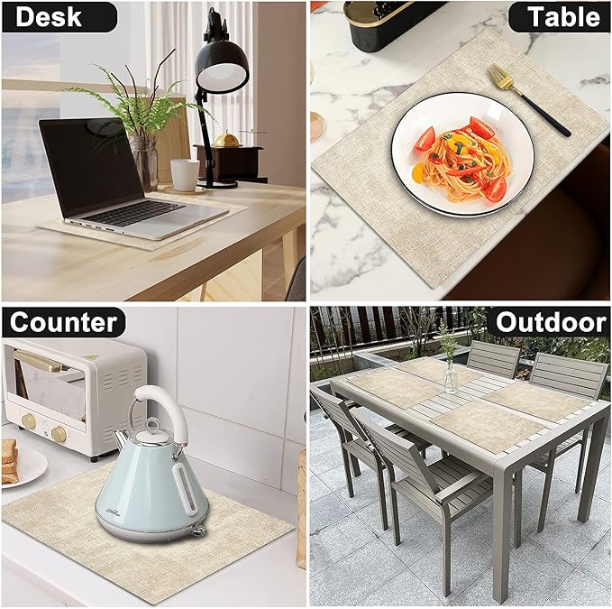 Leather Heat Resistant Placemats Set of 6 Waterproof Wipeable Washable PU Table Mats,Easy to Clean Anti-Slip Place Mats (Beige, 6)