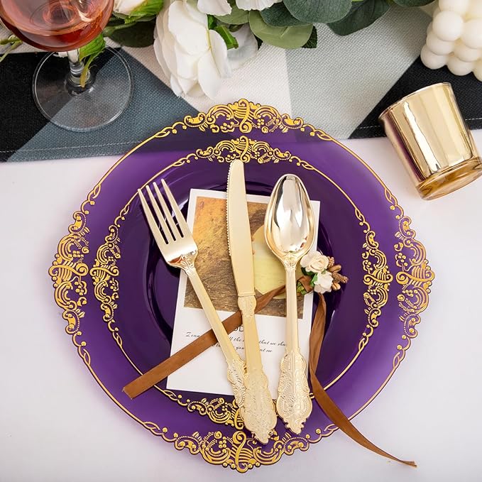 102PCS Purple and Gold Plastic Plates - High End Purple Disposable Plate - Vintage Dinner & Dessert Plates for 51 Guests Birthday Party & Mardi Gras & Wedding