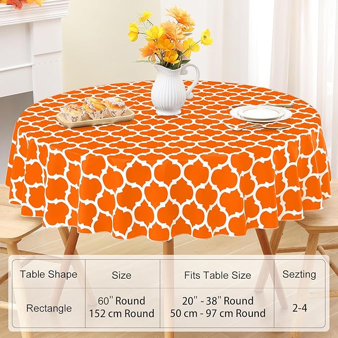 Smiry Round Plastic Table Cloth, Waterproof Vinyl Tablecloth with Flannel Backing for Round Tables, Wipeable & Spillproof for Dining, Camping, Indoor and Outdoor (60" Round, Bright Orange)